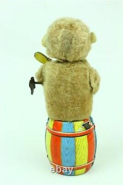 Vintage Plush Tin Wind Up Jolly Monkey Toy Nomura Fuji Japan Guitar