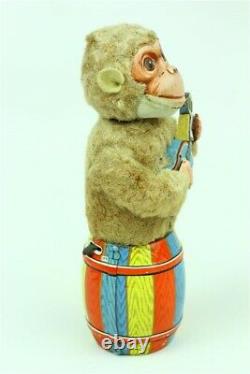 Vintage Plush Tin Wind Up Jolly Monkey Toy Nomura Fuji Japan Guitar