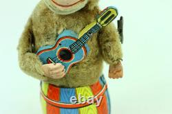 Vintage Plush Tin Wind Up Jolly Monkey Toy Nomura Fuji Japan Guitar