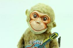 Vintage Plush Tin Wind Up Jolly Monkey Toy Nomura Fuji Japan Guitar