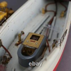 Vintage Polychrome Wooden Toy Motor Ship Model & Original Wooden Box c1940