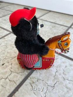 Vintage Pony Horse Riding Moving Bear Wind Up Tin Toy Japan With Original Box