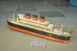 Vintage Queen Mary Big Litho Wind Up Ship Tin Toy, Japan