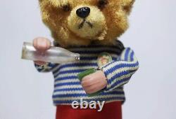 Vintage RARE Germany Wind up Drinking Teddy Bear Tin Toy Doll Working