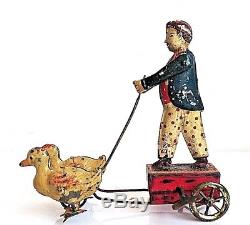 Vintage Rare Günthermann 1905 Tin Wind-up Man Being Pulled By Two Ducks Working