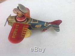 Vintage Rare Marx Popeye The Pilot #47 Tin Litho Wind Up Airplane Toy Works Nice