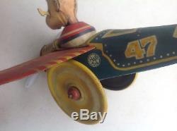 Vintage Rare Marx Popeye The Pilot #47 Tin Litho Wind Up Airplane Toy Works Nice