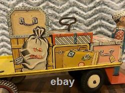 Vintage Rare Unique Art Finnegan Baggage Cart Tin Wind Up Toy
