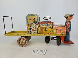 Vintage Rare Unique Art Finnegan Baggage Luggage Cart Tin Wind Up Toy