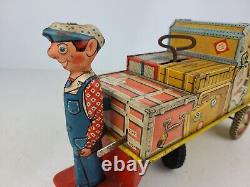 Vintage Rare Unique Art Finnegan Baggage Luggage Cart Tin Wind Up Toy