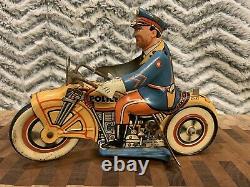 Vintage Rare Unique Art Police Motorcycle Tin Wind Up Toy