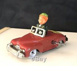 Vintage Red Occupied Japan Tin Convertible Signal Car Celluloid Head Wind Up Toy