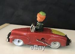 Vintage Red Occupied Japan Tin Convertible Signal Car Celluloid Head Wind Up Toy