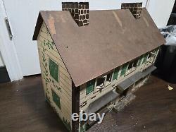 Vintage Rich Toys 2 Story Colonial Dollhouse Masonite Wood Doorbell Fence