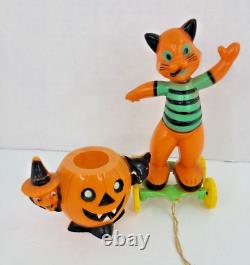 Vintage Rosbro Halloween Cat Pull Toy Witch Jack-O-Lantern Black Cat Lot of 2