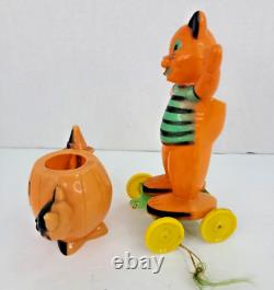 Vintage Rosbro Halloween Cat Pull Toy Witch Jack-O-Lantern Black Cat Lot of 2