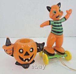 Vintage Rosbro Halloween Cat Pull Toy Witch Jack-O-Lantern Black Cat Lot of 2