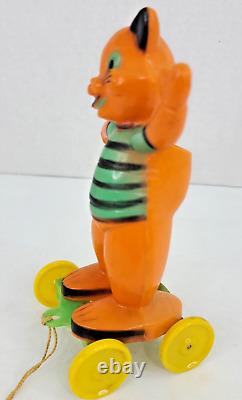 Vintage Rosbro Halloween Cat Pull Toy Witch Jack-O-Lantern Black Cat Lot of 2