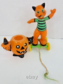 Vintage Rosbro Halloween Cat Pull Toy Witch Jack-O-Lantern Black Cat Lot of 2