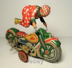 Vintage Sato Clown Acrobatics Windup Motorcycle Tin Litho Tinplate Toy