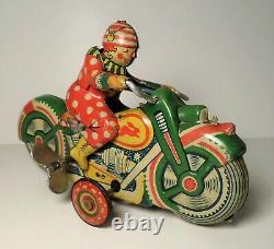 Vintage Sato Clown Acrobatics Windup Motorcycle Tin Litho Tinplate Toy