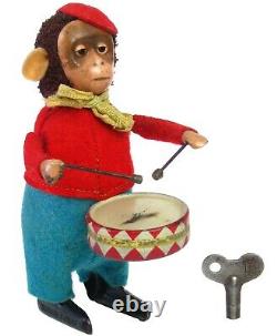 Vintage Schuco Germany Wind-up Toy Monkey Drummer Snare Drum withKey Works
