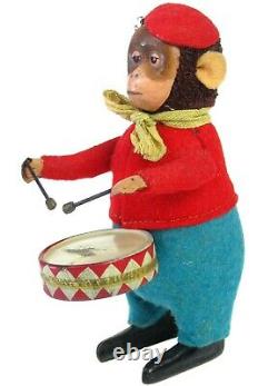 Vintage Schuco Germany Wind-up Toy Monkey Drummer Snare Drum withKey Works