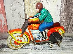Vintage Soviet LENINGRAD MOTORCYCLE BIKER MOTORMAN Wind-Up Tin Toy Key 1960's