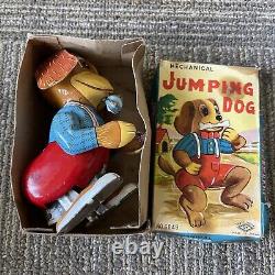 Vintage TN Japan Wind-Up Tin Litho Jump Rope Dog Works Looks NOS