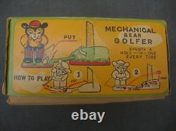 Vintage TPS Japan Mechanical Bear Golfer Tin Wind Up Toy w Original Box 3 Balls