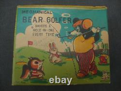 Vintage TPS Japan Mechanical Bear Golfer Tin Wind Up Toy w Original Box 3 Balls