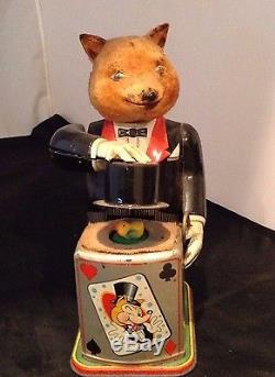 Vintage T. N Nomura Wind Up Fox Magician Tin Toy Rare