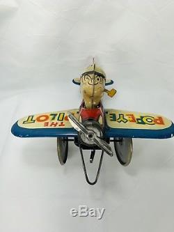 Vintage Tin Litho Airplane Pilot Popeye Wind Up Tin Toy