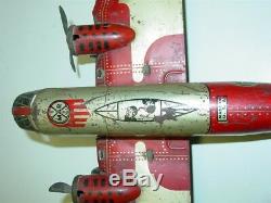 Vintage Tin Litho Marx TWA Airplane Bomber, Wind Up Toy Plane