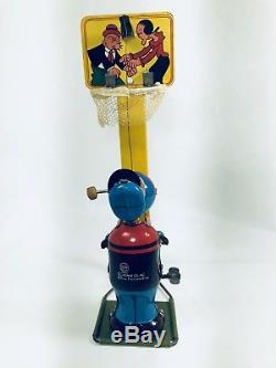 Vintage Tin Litho Popeye Shooting Hoops Wind Up Tin Toy Works Linemar 9