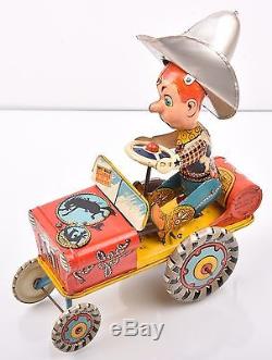 Vintage Tin Litho Wind Up Toy Car Jeep COWBOY RODEO Unique Art