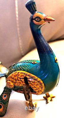 Vintage Tin Litho Wind-up Proud Peacock Alps Japan Works