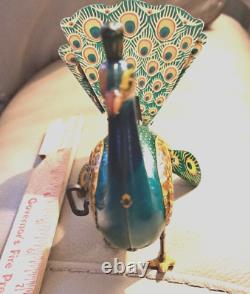 Vintage Tin Litho Wind-up Proud Peacock Alps Japan Works