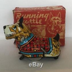 Vintage Tin Litho Windup Toy Running Scottie with Box by Marx