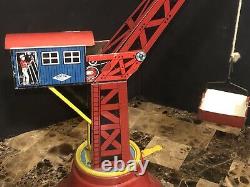 Vintage Tin Lithograph Wind Up Wolverine Crane Tower Construction Toy USA Rare