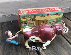 Vintage Tin Toy Wind Up Wild Roaring Bull and Boy JAPAN MIKUNI In Box