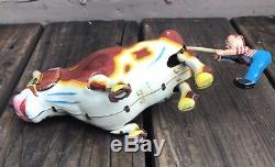 Vintage Tin Toy Wind Up Wild Roaring Bull and Boy JAPAN MIKUNI In Box