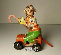 Vintage Tin Toy Windup Litho Monkey on Car with Cane Penny Toy