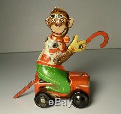 Vintage Tin Toy Windup Litho Monkey on Car with Cane Penny Toy