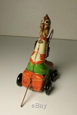 Vintage Tin Toy Windup Litho Monkey on Car with Cane Penny Toy
