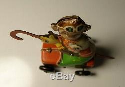 Vintage Tin Toy Windup Litho Monkey on Car with Cane Penny Toy