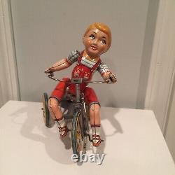 Vintage Tin Wind UP Toy Kiddie Cyclist Boy on Tricycle