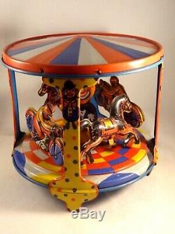 Vintage Tin toy wind-up motorbike bike horses carousel riding arena clown Italy