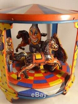 Vintage Tin toy wind-up motorbike bike horses carousel riding arena clown Italy