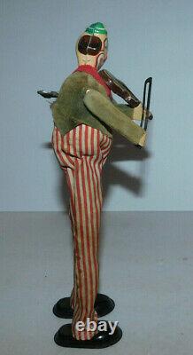 Vintage Toy Japan Tps Wind Up Toy Clown With Violin Tin Head Fiddle Works